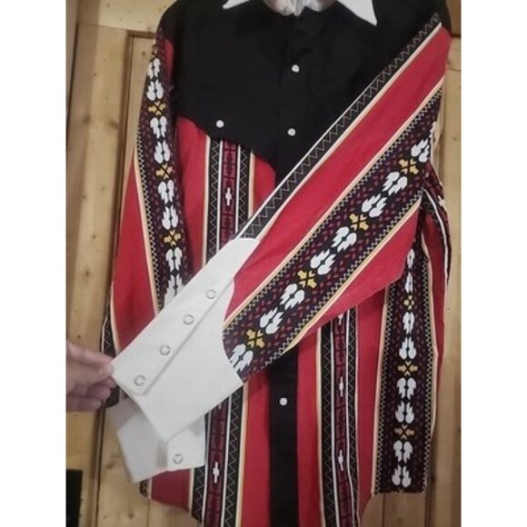 VTG Steer West Western Pearl Snap Down Long Sleeve Shirt Size L Red Black Navajo - Picture 9 of 15